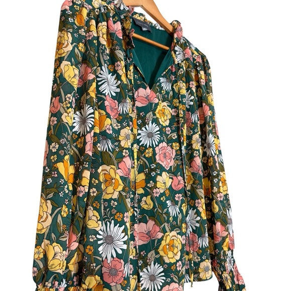 Hudson Gray Women’s Large Floral Blouse Gray Green Long Sleeve Casual Dressy Top - Picture 2 of 7